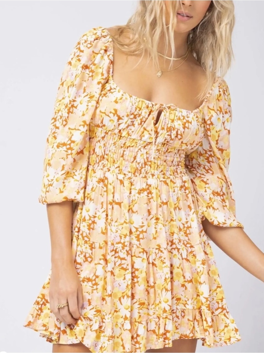 L*Space MEDIUM Cassidy 3/4 sleeve yellow floral mini dress